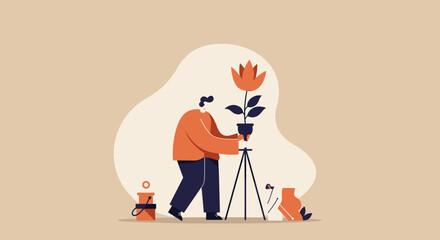 Modern flat design illustration of a person photographing a potted plant on a tripod for a marketing campaign or website banner.