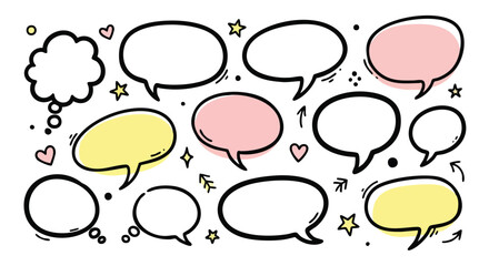 Vibrant collection of hand-drawn speech bubbles and thought clouds for creative expression and communication