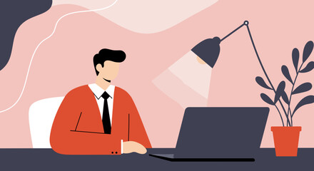 A person in formal attire works diligently on a laptop at a modern desk with a lamp and plant. Represents productivity, remote work, business, and focused concentration.