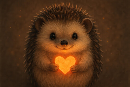 Cute hedgehog holding glowing heart with warm and magical atmosphere in dark background