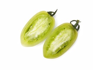 Fresh green tomato slices isolated on white background 