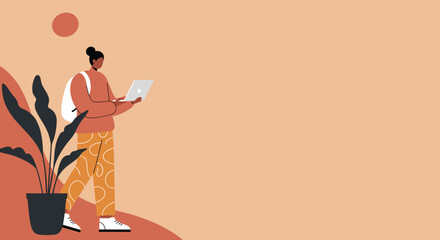 A person with a backpack and walking stick enjoys an outdoor adventure. Represents hiking, travel, exploration, and a healthy lifestyle. Ample copy space for design.