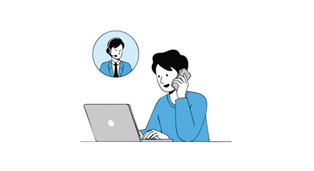 Man on phone and laptop connects with support agent for remote assistance and problem solving