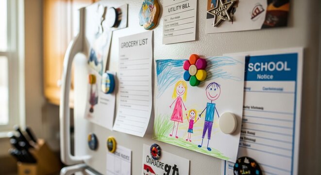 A white refrigerator door covered with a child's drawing of a family, a grocery list, school notices, and various magnets.