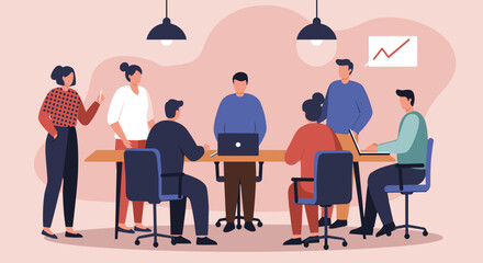 Diverse business team collaborating in a modern office meeting, discussing strategy and growth with laptops. Perfect for corporate and teamwork concepts.