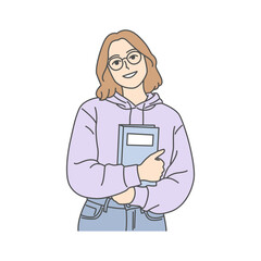 Cartoon illustration of a young woman smiling warmly while clutching a book, wearing glasses and casual clothing
