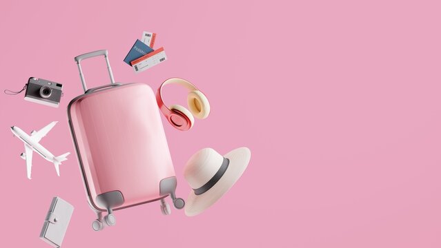 Vibrant summer travel accessories floating on pink background. Minimal summer vacation concept. 3d rendering