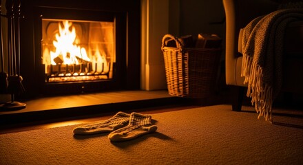 A pair of striped knitted socks sit on a fluffy rug in front of a warm, crackling fireplace.