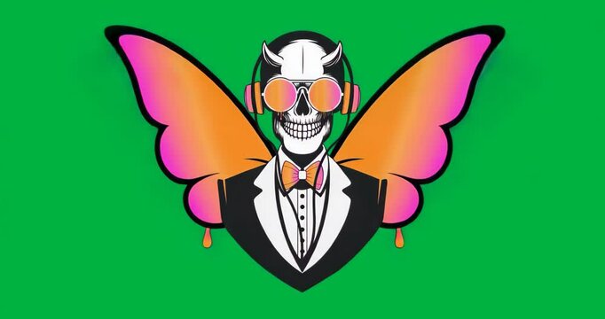 Gradient wings emerging behind skull expanding and dripping paint to frame logo on clear background