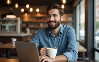 Fototapeta premium Portrait of a man enjoying coffee while using laptop at coffee shop. High quality