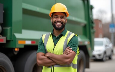 Portrait of interracial sanitation worker standing with arms crossed near garbage truck. High quality