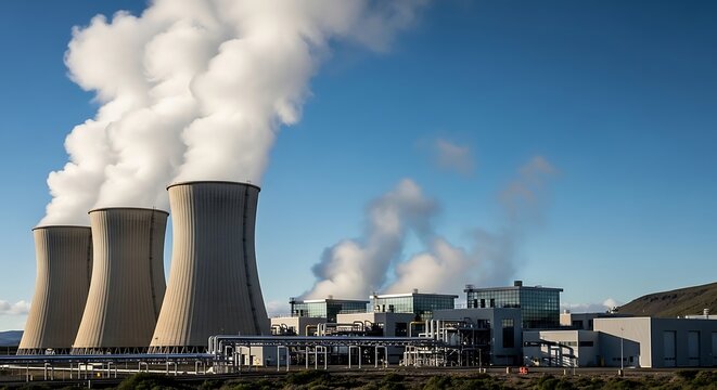Cooling Towers Emitting Steam A View of a Power Plant in a Clear Sky