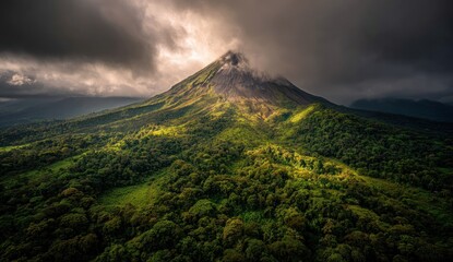 A majestic volcano peak shrouded in clouds, rising from lush, dense forest under a dramatic sky of grays and golds, conveying raw power