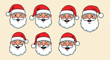 Cheerful Santa Claus faces ready for Christmas celebrations, perfect for holiday designs and greeting cards