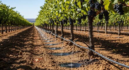 Obraz premium A large vineyard with neat rows of grapevines bearing ripe, dark grapes, being irrigated by a drip system under a clear blue sky