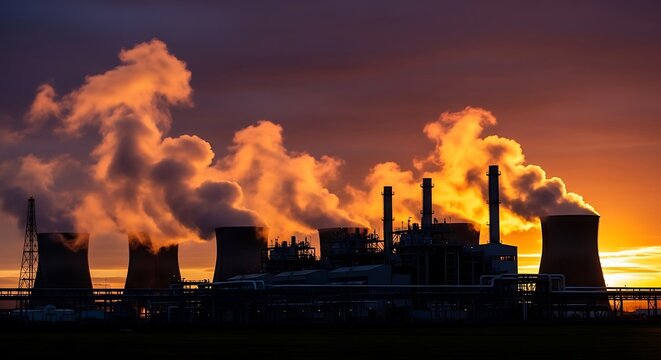 Power plant with smoking chimneys and cooling towers silhouetted against a dramatic and colorful sunset sky - Powered by Adobe