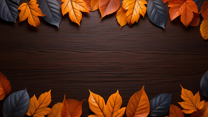 Autumn Leaf Border on Dark Wood Background