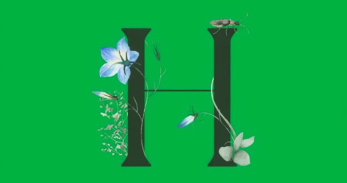 H glowing with botanical vine, glitch fading on transparent bg, insect perching revealing logo