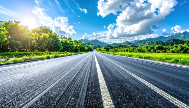 Asphalt road leading towards mountain range under a blue sky with fluffy clouds, sunlight beaming, greenery flanking each side - Powered by Adobe