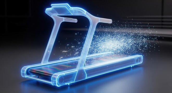 Futuristic holographic treadmill with digital data flow for advanced fitness - Powered by Adobe