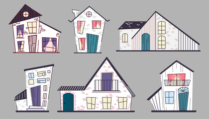 Fototapeta premium Whimsical houses collection with slanted roofs in Scandinavian style.Collection of crooked houses with tilted walls, whimsical shapes, slanted roofs, and windows. Vector illustration