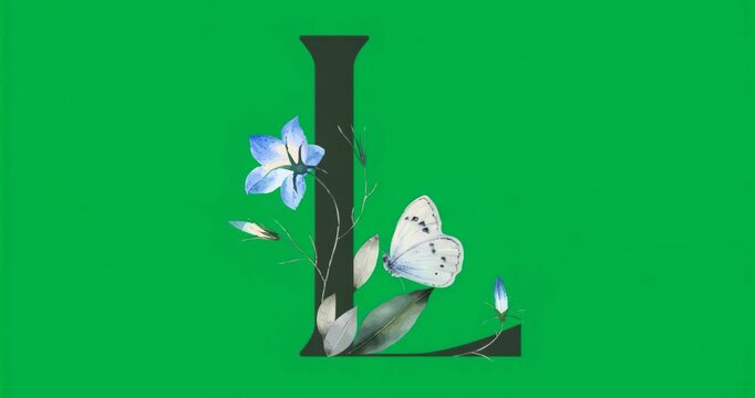 On play monogram L showing blossoms and butterfly on transparent background for decoration