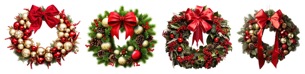 PNG Festive wreaths with red bows, element set on transparent background