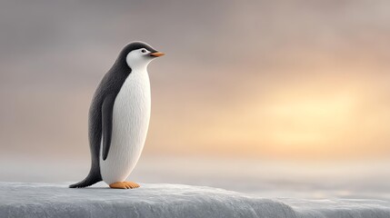 Fototapeta premium Penguin with ocean backdrop concept, A lone penguin stands on an ice floe at sunset, evoking solitude.