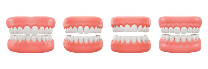 Obraz premium Multiple denture sets displayed side by side showing different teeth alignment and gum colors isolated on transparent background 3D icon