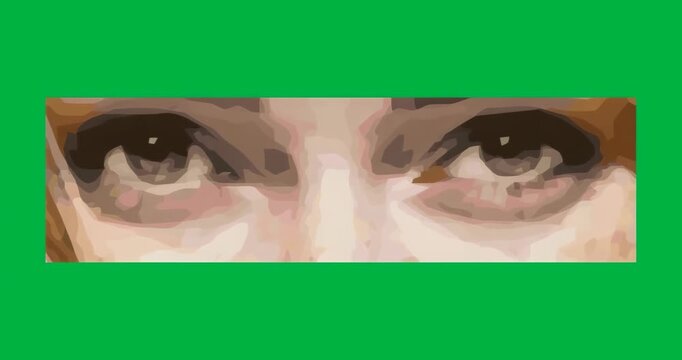 On start female eyes opening holding within neon-blue frame drawing focus on transparent background