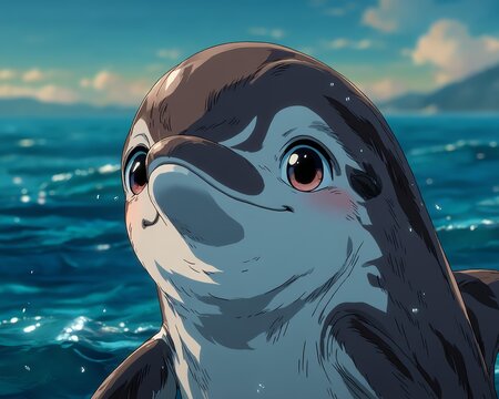 Dolphin close up smile concept, A playful dolphin swimming in crystal-clear ocean waters.