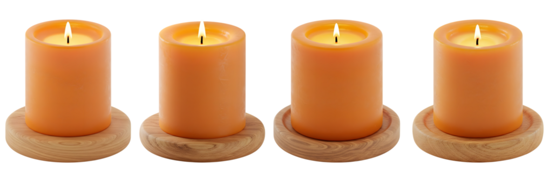 Four lit orange candles lined up together offering warm ambient light isolated on transparent background 3D icon