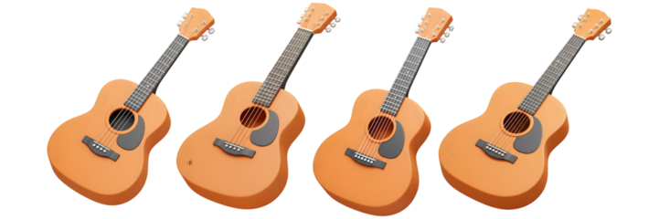Four ukuleles arranged in a row showcasing their wood grain and design isolated on transparent background 3D icon