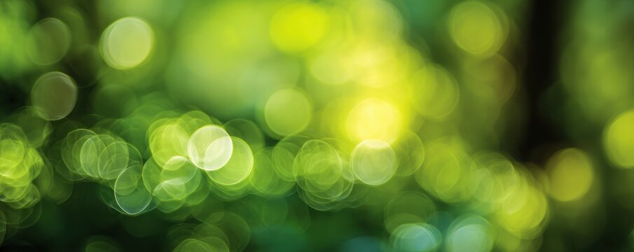 Abstract bokeh of foliage. Green and yellow spheres of light overlay an indistinct dark background
