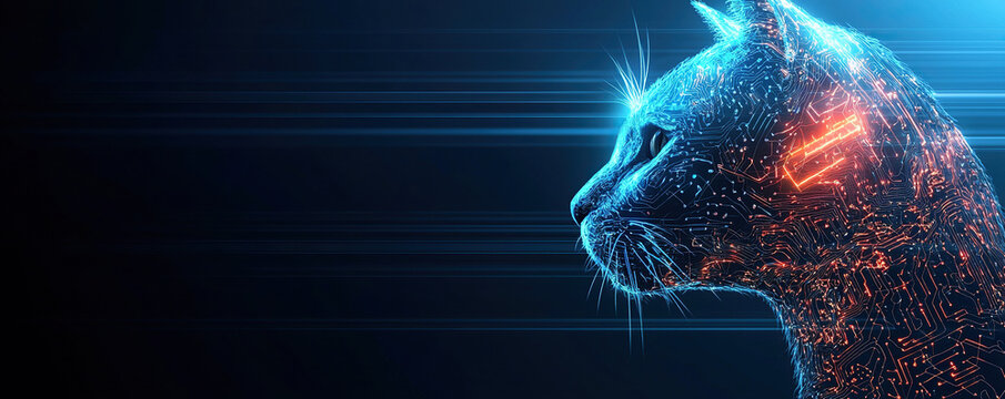 Cyberpunk cat with neon circuit pattern, glowing blue and orange light, futuristic animal, digital art, side profile