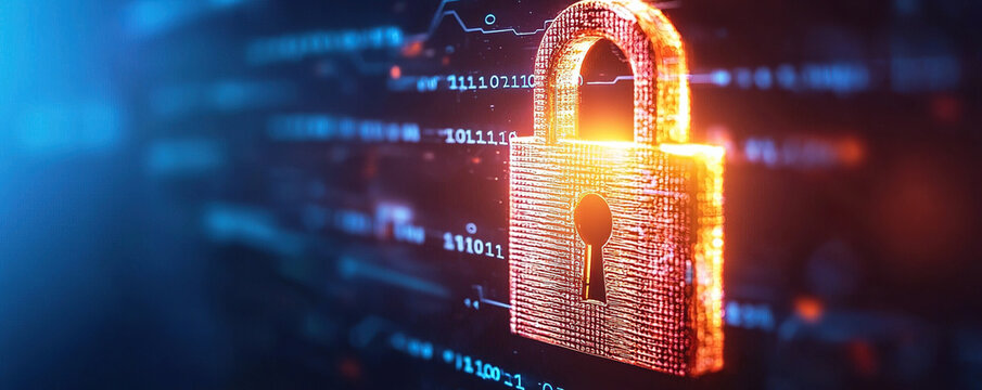 Digital padlock glowing on encrypted code background, symbolizing cybersecurity, data protection, and secure network technology