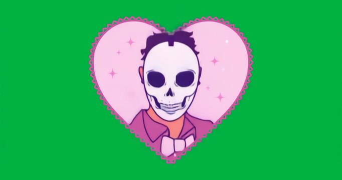 Upon loading, skeleton portrait in heart frame grinning, sparkles flickering and glitch pulsing