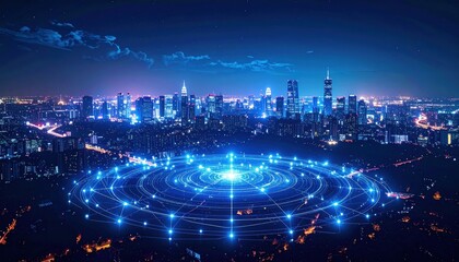 Cityscape at night with futuristic blue network radiating from the center, representing data connectivity and urban infrastructure