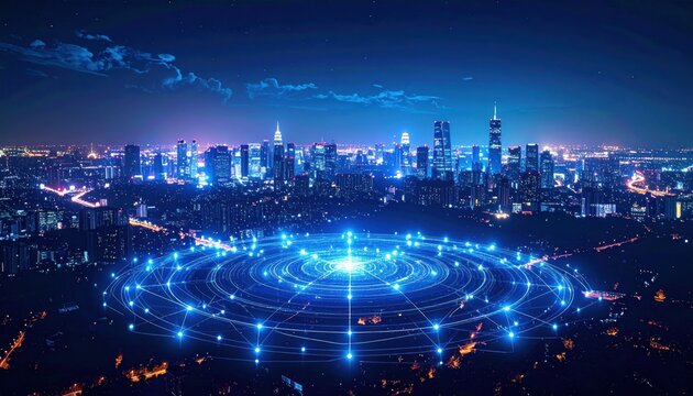 Cityscape at night with futuristic blue network radiating from the center, representing data connectivity and urban infrastructure