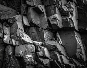 Abstract close-up shows a jagged basalt rock formation, captured in stark black and white. The angular shapes form a dynamic texture