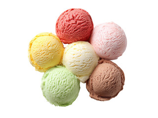 Assorted colorful creamy frozen dessert scoops arranged on black image, Isolated, Png Transparent Background