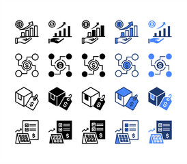 Revenue, Funding, Product, Financial planning, multiple style icon set.