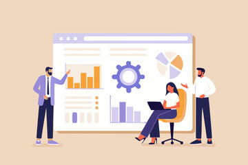 Business team collaborating on data analysis and strategy presentation with charts and graphs on a large screen