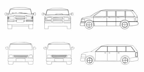 Set of line art drawings of a station wagon and a minivan from front and side views