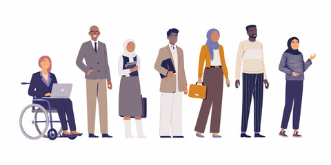 Diverse group of professionals including a person in a wheelchair and individuals wearing hijabs standing together