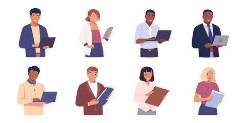 Diverse group of smiling business professionals holding laptops and documents on a white background