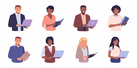 Diverse group of smiling business professionals holding laptops and notebooks in a flat illustration style