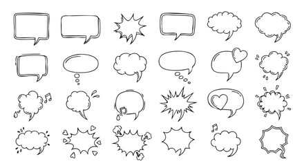 Hand-drawn speech bubbles expressing thoughts, emotions, ideas, perfect for comics and social media