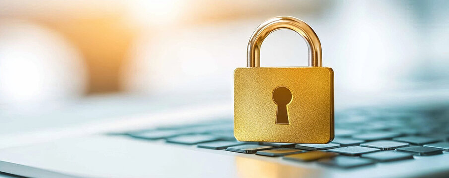Golden padlock security symbol on laptop keyboard, representing cybersecurity, data protection, privacy, and safe online access