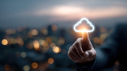 A hand touches a glowing cloud icon against a blurred cityscape at dusk, suggesting data storage and technology